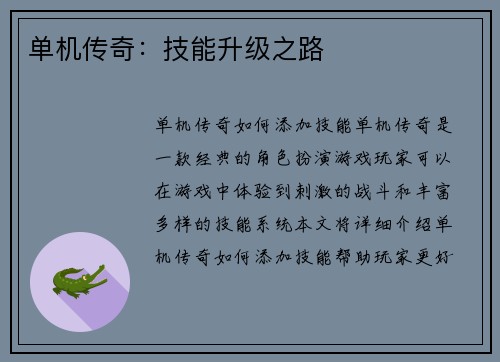 单机传奇：技能升级之路