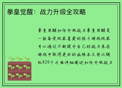 拳皇觉醒：战力升级全攻略