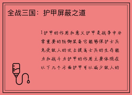 全战三国：护甲屏蔽之道
