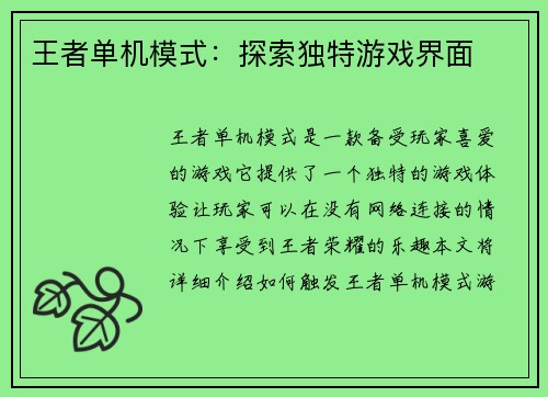 王者单机模式：探索独特游戏界面
